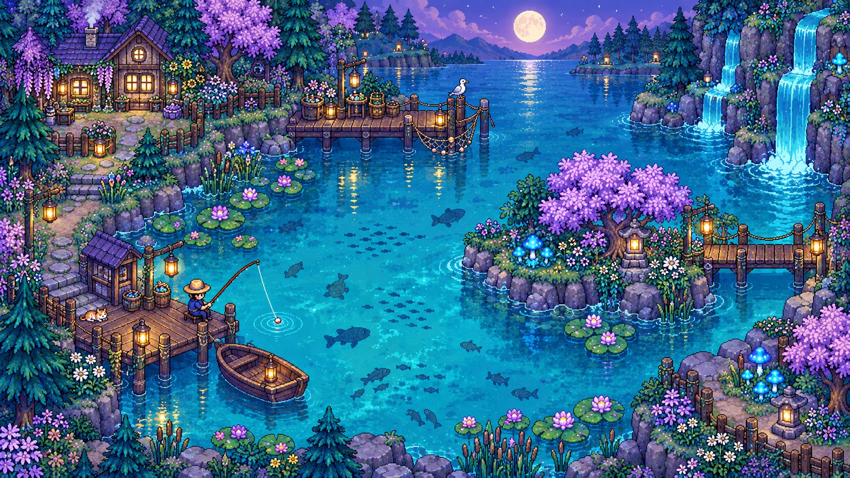 Mooncap Meadow fishing pixel landscape